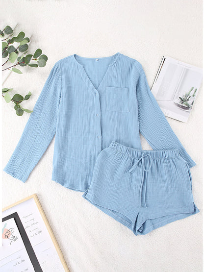 Hazel Blues® |  Notched Long Sleeve Top and Shorts Set