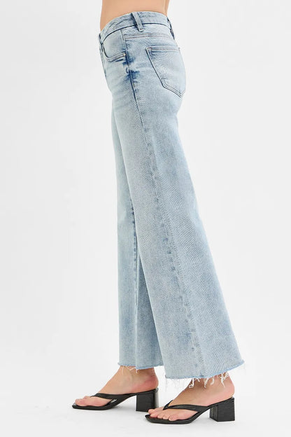Hazel Blues® | RISEN Tummy Control Low Rise Wide Leg Raw Cut Hem Jeans
