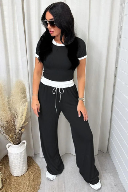 Hazel Blues® |  Contrast Trim Round Neck Top and Pants Set