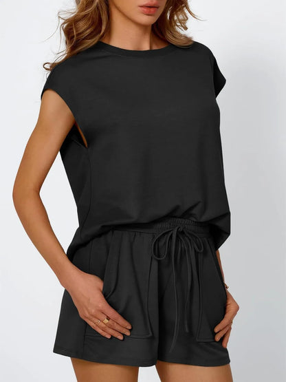 Hazel Blues® |  Round Neck Cap Sleeve Top and Shorts Set