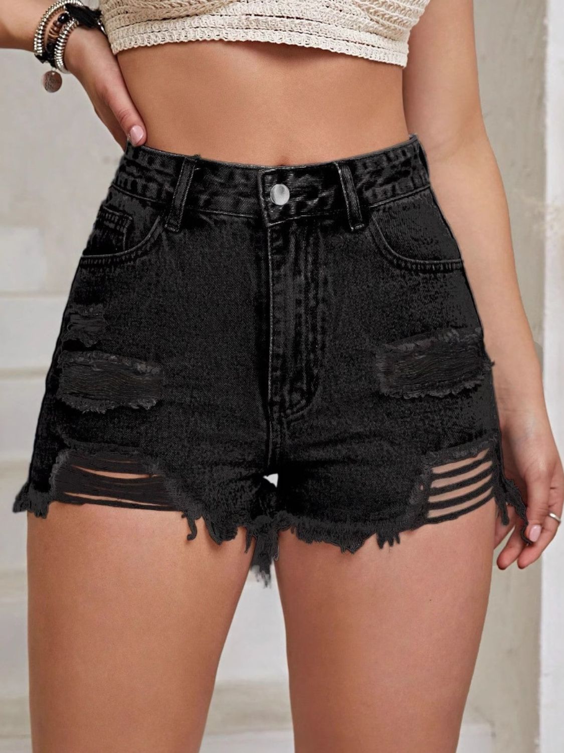 Hazel Blues® |  Distressed Raw Hem High Waist Denim Shorts