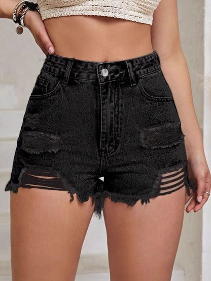 Hazel Blues® |  Distressed Raw Hem High Waist Denim Shorts