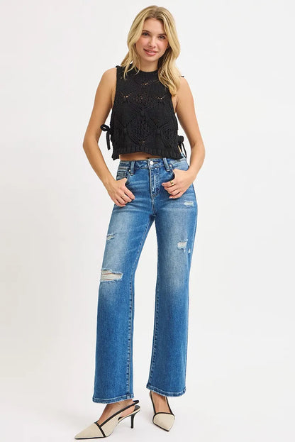 Hazel Blues® | RISEN High Rise Ankle Straight Front Body Distressed Jeans