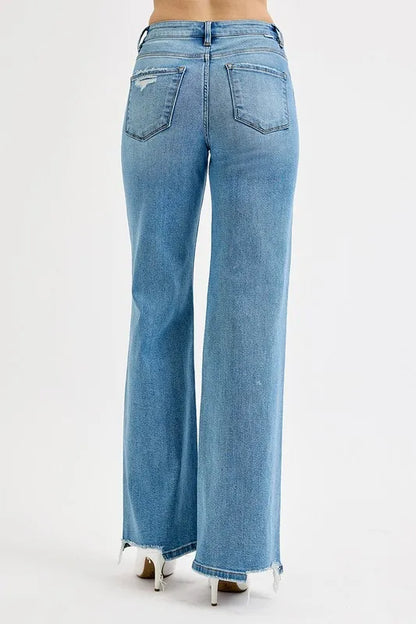 Hazel Blues® | RISEN Distressed Wide Leg Jeans