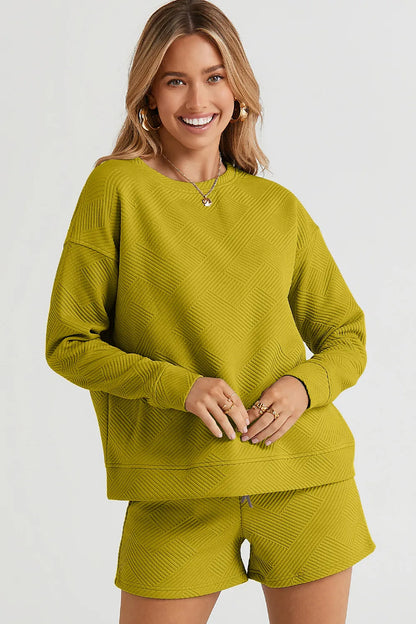 Hazel Blues® |  Double Take Texture Long Sleeve Top and Drawstring Shorts Set