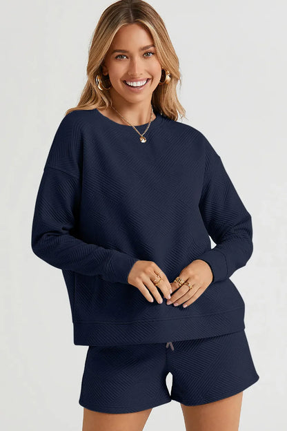 Hazel Blues® |  Double Take Texture Long Sleeve Top and Drawstring Shorts Set