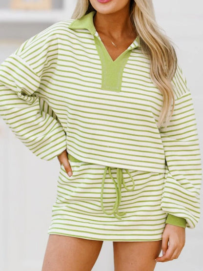 Hazel Blues® |  Collared Neck Striped Top and Drawstring Skirt Set