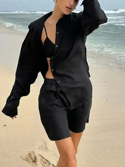 Hazel Blues® |  Button Up Long Sleeve Shirt and Shorts Set