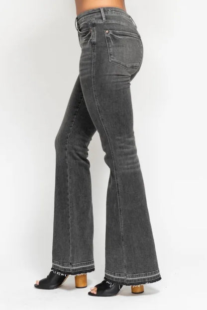Hazel Blues® | Judy Blue Mid Rise Tummy Control Washed Gray Release Hem Flare Jeans
