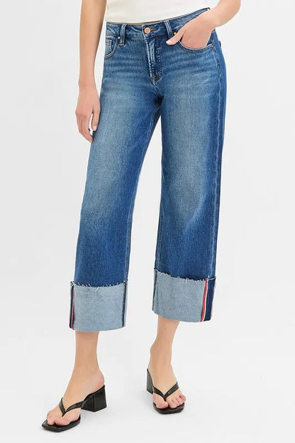 Hazel Blues® | RISEN Tummy Control Mid Rise Crop Wide Cuffed Jeans
