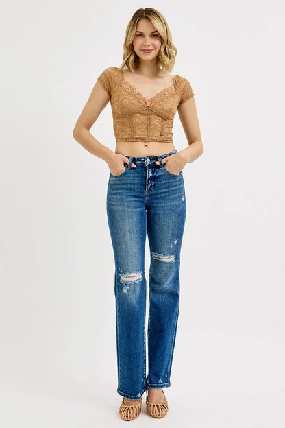 Hazel Blues® | RISEN Tummy Control High Rise Straight Distressed Jeans