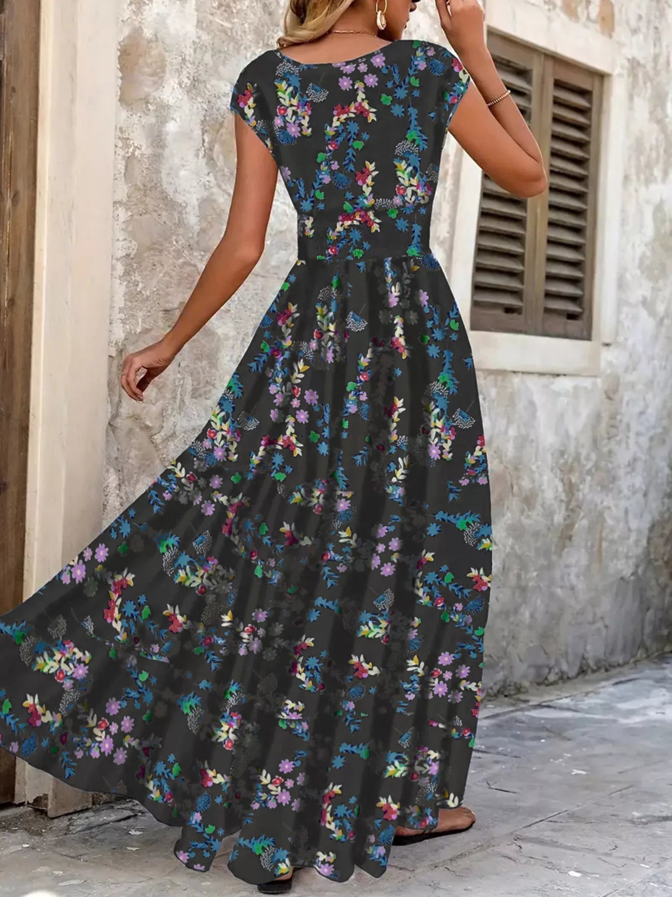 Hazel Blues® |  Printed V-Neck Cap Sleeve Maxi Dress