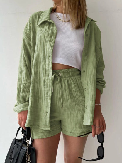 Hazel Blues® |  Textured Button Up Shirt and Shorts Set