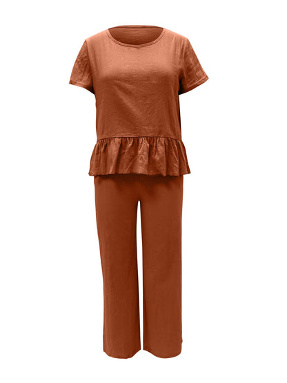Hazel Blues® |  Peplum Round Neck Short Sleeve Top and Pants Set