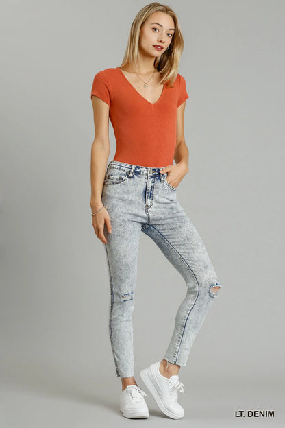 Hazel Blues® |  Umgee 5-Pockets Distressed Detail Stretch Denim Skinny Jeans with Unfinished Hem