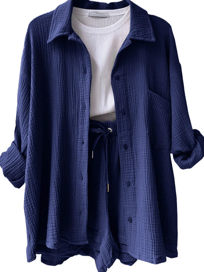 Hazel Blues® |  Textured Button Up Shirt and Shorts Set
