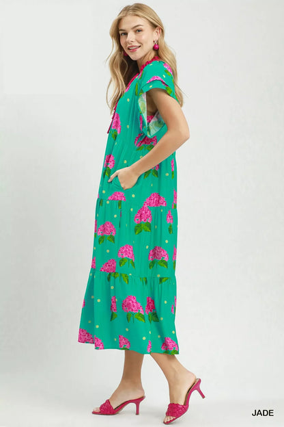 Hazel Blues® |  Umgee Hydrangea Print Tiered Midi Dress