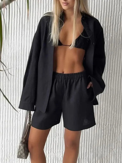 Hazel Blues® |  Button Up Long Sleeve Shirt and Shorts Set