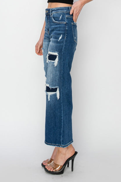 Hazel Blues® |  Risen High Rise Patch Detailed Wide Leg Crop Jeans