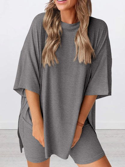 Hazel Blues® | Oversized Slit Round Neck Top and Shorts Lounge Set
