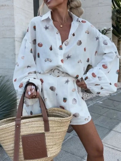 Hazel Blues® |  Shell Print Long Sleeve Shirt and Belt Shorts Set