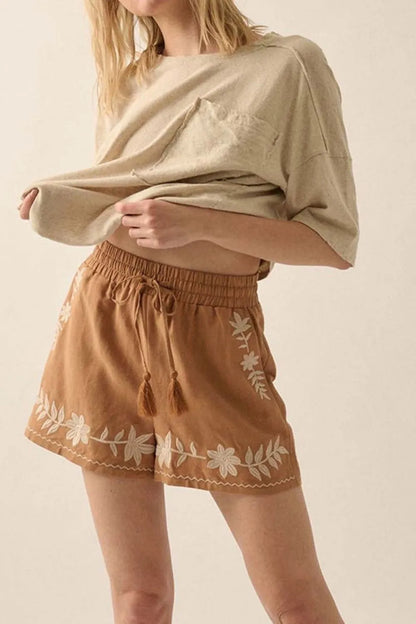 Hazel Blues® |  Embroidered Boho Tasseled Drawstring Elastic Waist Casual Shorts