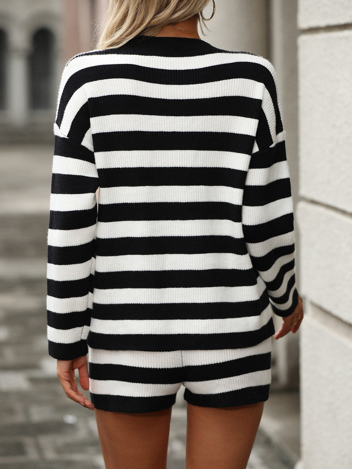 Hazel Blues® |  Striped Round Neck Top and Shorts Sweater Set