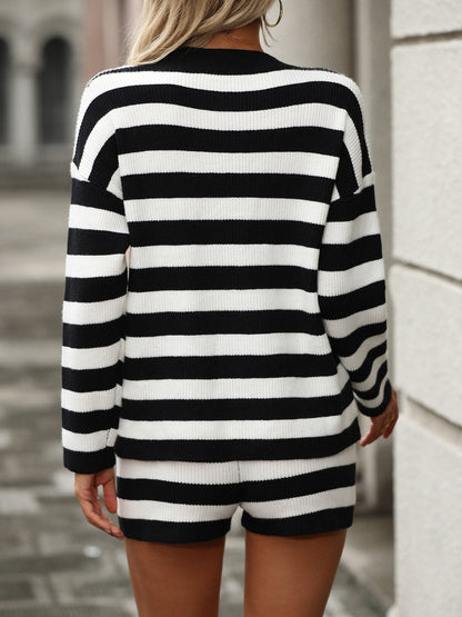 Hazel Blues® |  Striped Round Neck Top and Shorts Sweater Set