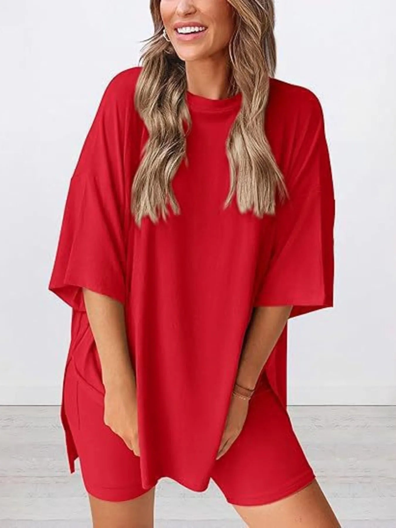 Hazel Blues® | Oversized Slit Round Neck Top and Shorts Lounge Set