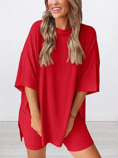 Hazel Blues® | Oversized Slit Round Neck Top and Shorts Lounge Set