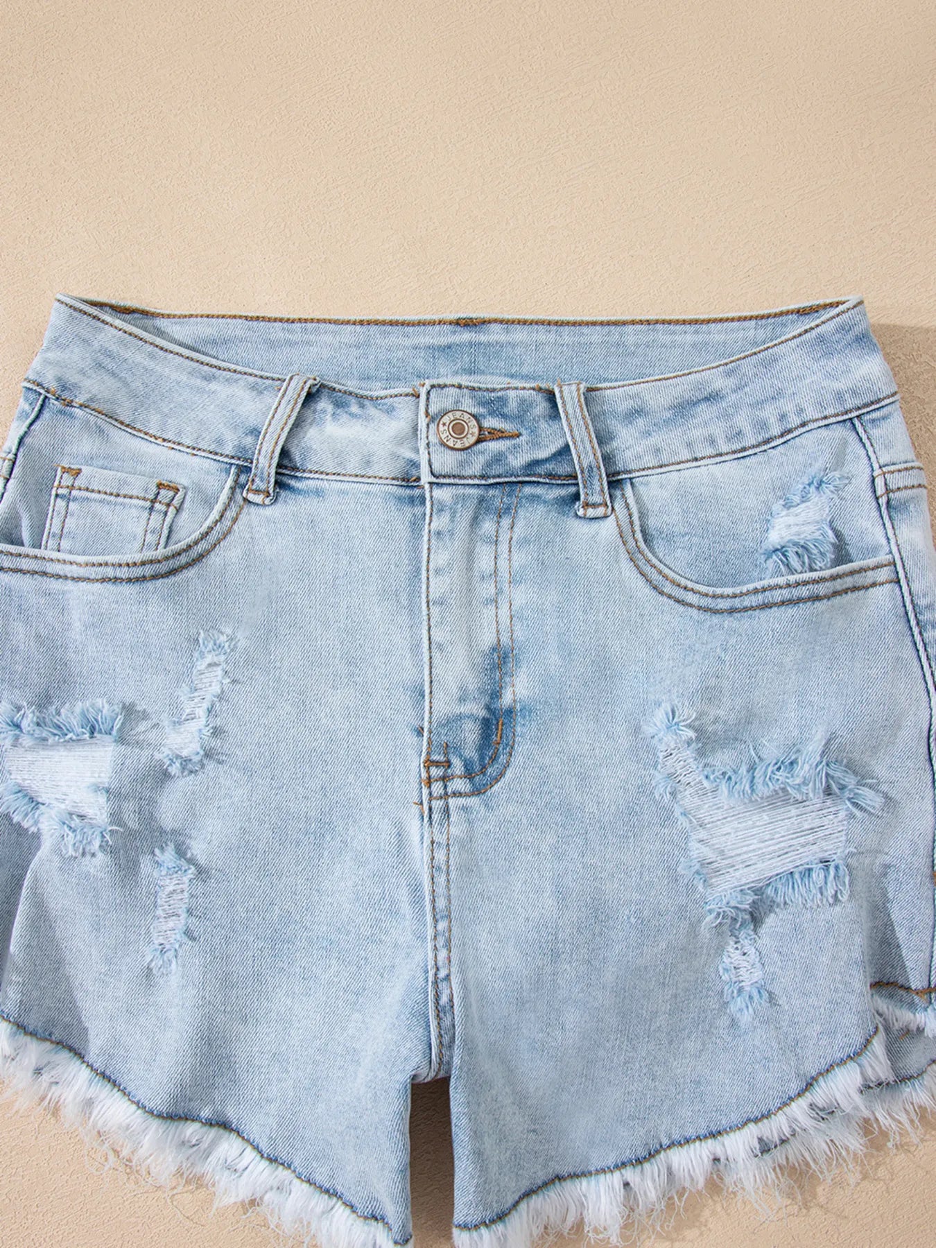 Hazel Blues® |  High Rise Distressed Raw Hem Denim Shorts