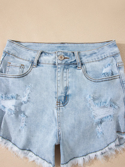 Hazel Blues® |  High Rise Distressed Raw Hem Denim Shorts