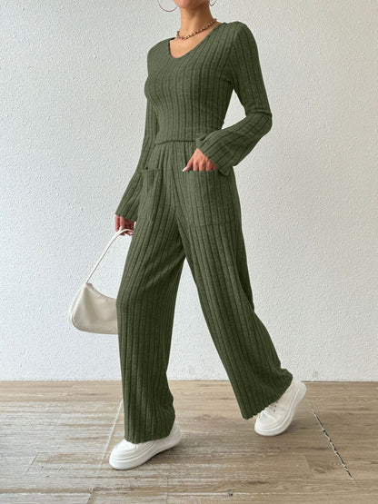 Hazel Blues® |  Ribbed V-Neck Long Sleeve Top and Pocketed Pants Set