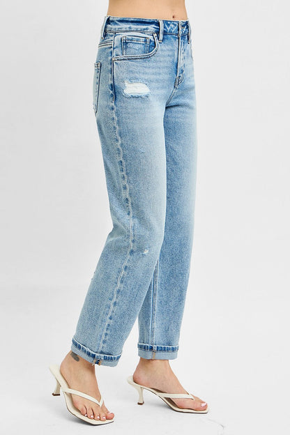 Hazel Blues® | RISEN High Rise Ankle Boyfriend Distressed Jeans