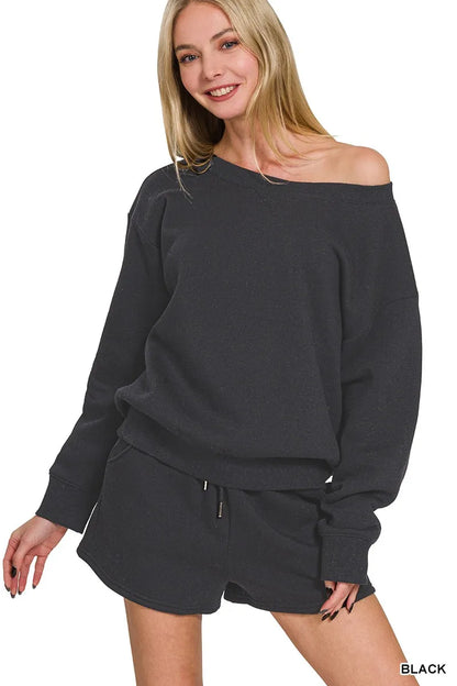 Hazel Blues® |  Zenana Fleece Boat Neck Sweatshirt and Shorts Set