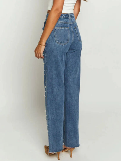 Hazel Blues® |  Pearl Embellished High Waist Straight Leg Jeans