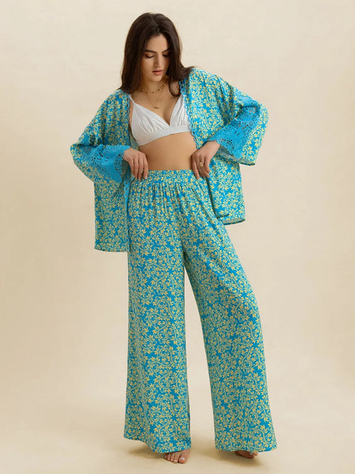 Hazel Blues® |  Boho Open Front Kimono Top & Wide Leg Pants Set
