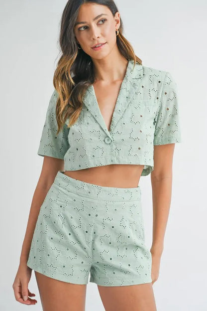 Hazel Blues® |  MABLE Eyelet Short Sleeve Crop Top and Shorts Set