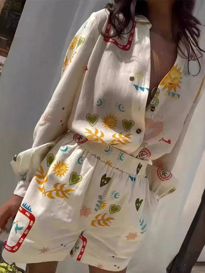 Hazel Blues® |  Button Up Long Sleeve Shirt and Shorts Set