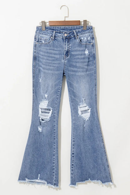 Hazel Blues® |  Distressed Raw Hem Bootcut Jeans