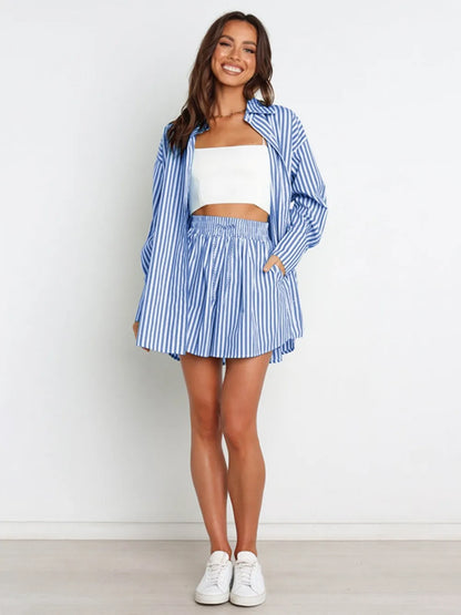 Hazel Blues® |  Striped Dropped Shoulder Shirt and Shorts Set