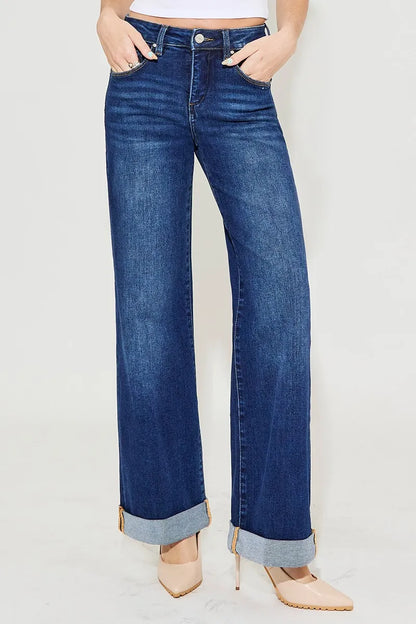 Hazel Blues® | RISEN Tummy Control High Rise Wide Leg Cuffed Jeans