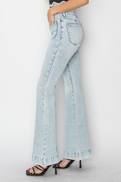 Hazel Blues® |  Risen High Rise Front Patch Pocket Flare Jeans
