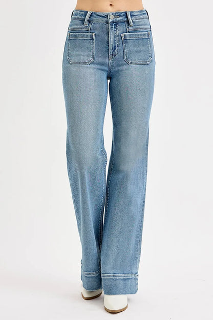 Hazel Blues® | RISEN High Rise Wide Flare Patch Pocket Jeans