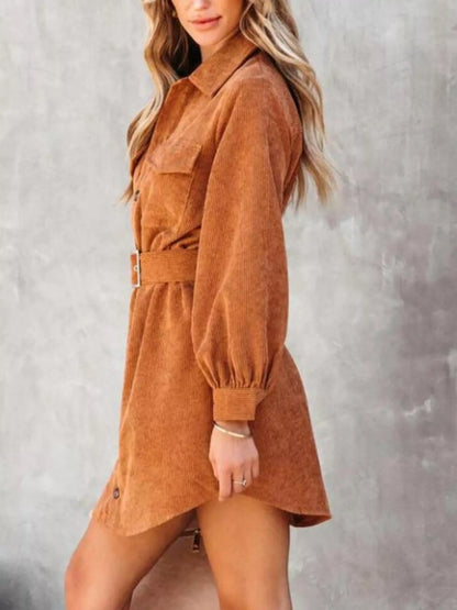 Hazel Blues® |  Button Front Belt Long Sleeve Corduroy Dress
