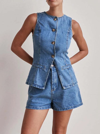 Hazel Blues® |  Button Down Vest and Shorts Denim Set
