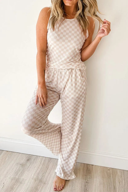 Hazel Blues® |  Ribbed Texture Checkered Print Tank and Pants Set