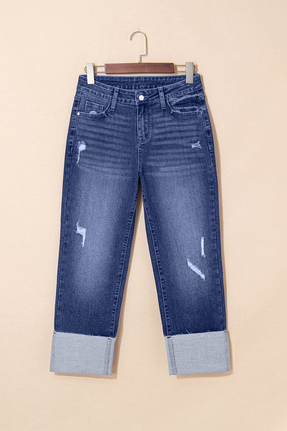 Hazel Blues® |  Real Teal Folded Cuffs Distressed Straight High Waist Jeans