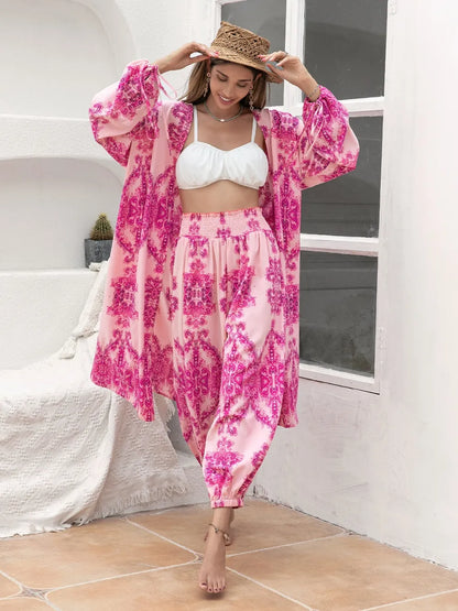 Hazel Blues® |  Printed Open Front Top and Pants Set