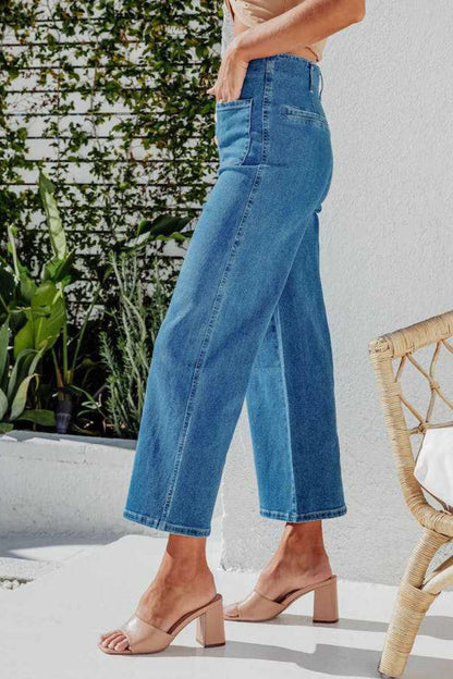Hazel Blues® |  Button Fly Cropped Wide Leg Jeans